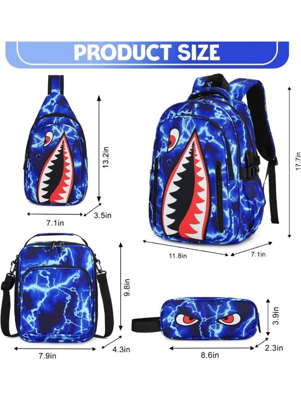 Cool Luminous Shark Backpack Set for Boys with Lunch Box - 4PCS Stylish School